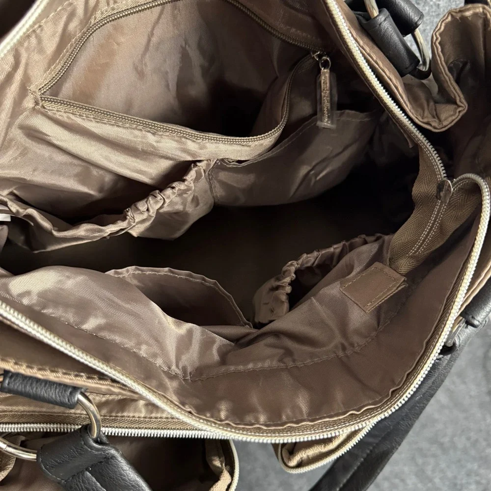 Wendy Bellissimo Supply Satchel Nylon Tan Diaper Bag with Attached Changing Pad